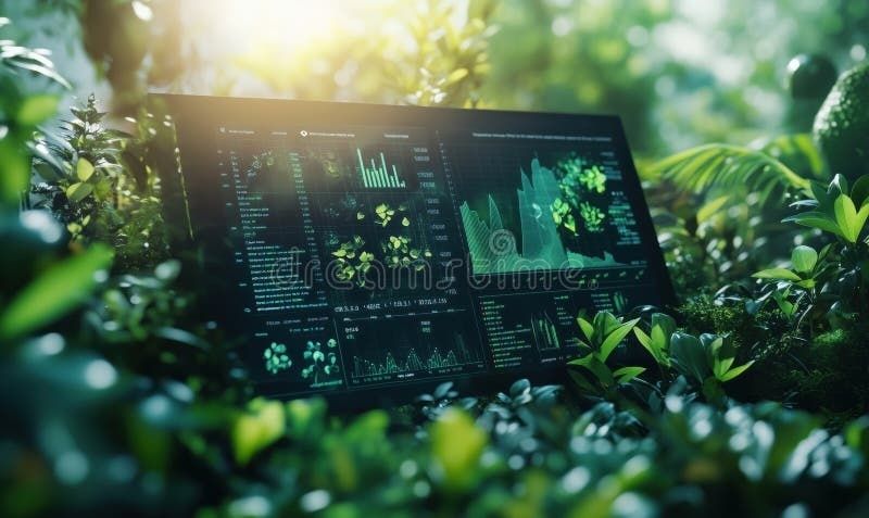 Datorskärm med gröna analysdiagram omgiven av tät växtlighet