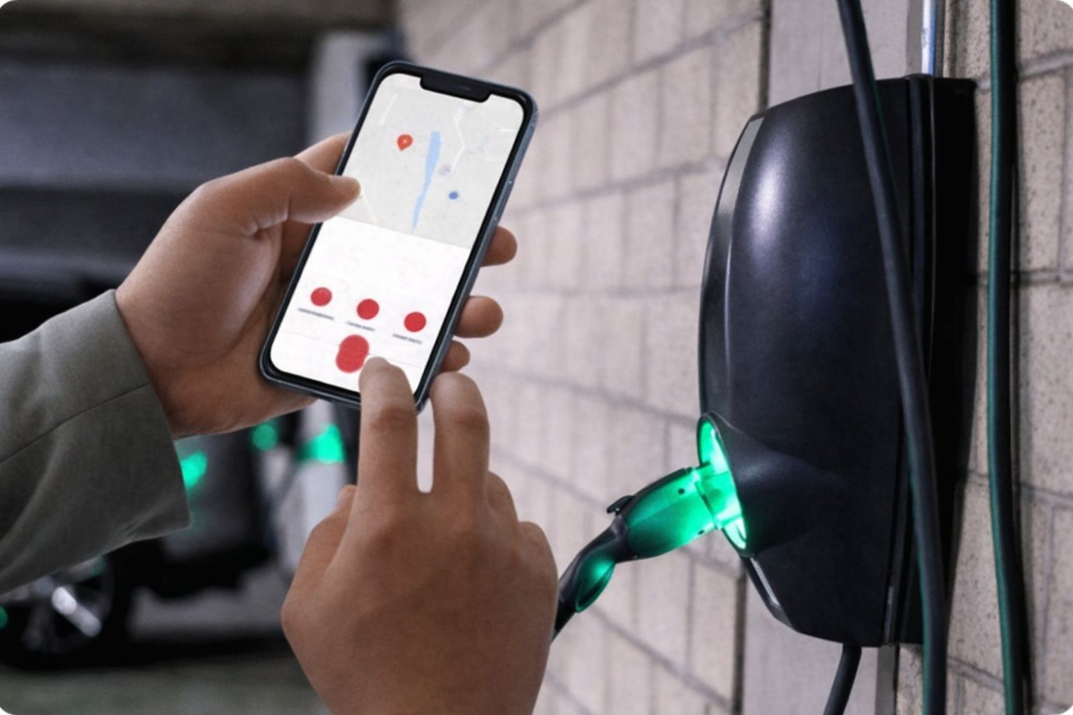 Person använder mobilapp för elbilsladdning bredvid en Zaptec laddbox med grön lampa.