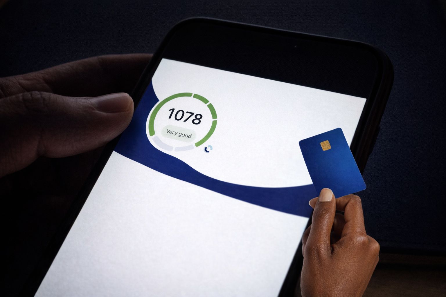 Närbild av en mobilskärm som visar en hög kreditvärdighet och ett bankkort.