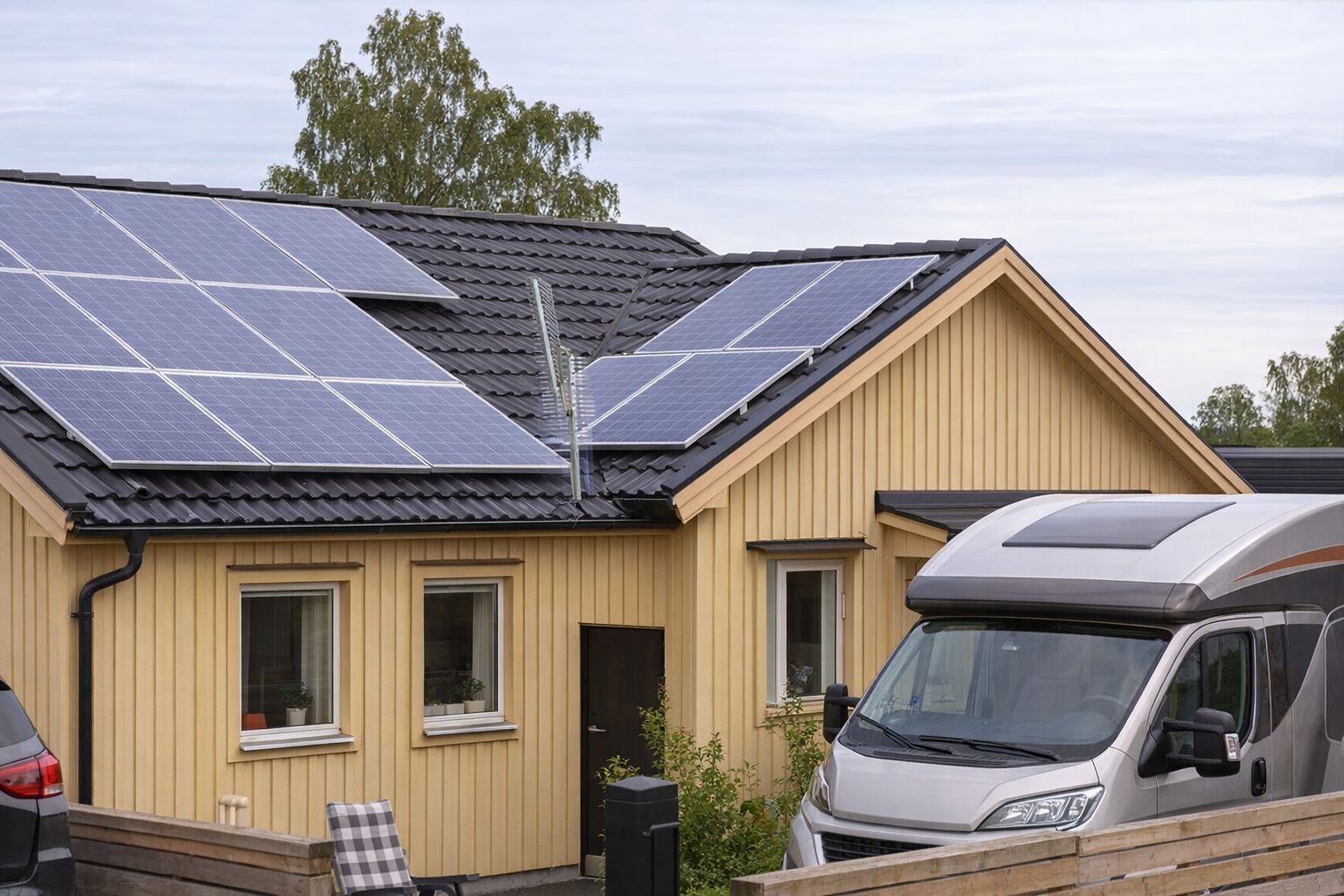 Gult skandinaviskt hus med solpaneler monterade på taket.