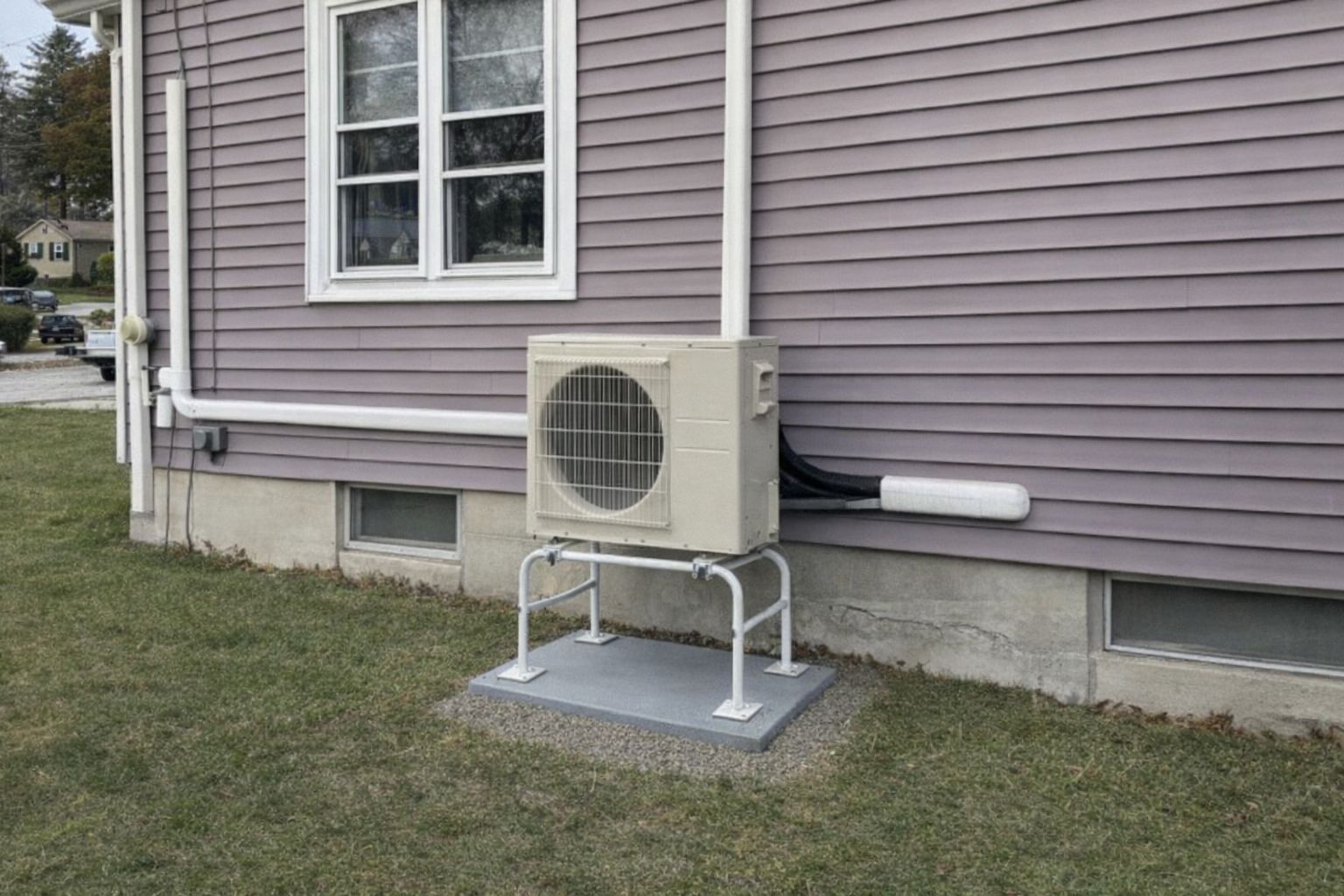 En modern luftvärmepump installerad på utsidan av ett hus med träpanel.